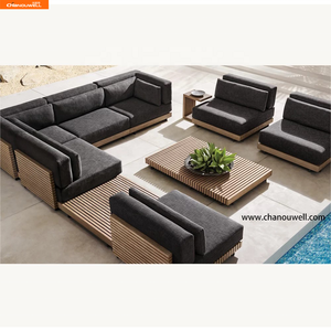 Ensemble de canapés modulaires <span class=keywords><strong>en</strong></span> <span class=keywords><strong>teck</strong></span> avec table d'appoint, imperméable, lavable, moderne, rangées de lattes parallèles, lignes nettes, durabilité naturelle - Product Image 2