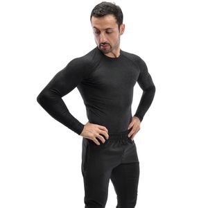 T-shirt de sport moulant à manches longues pour homme, col rond, séchage rapide, en polyester tricoté, noir - Product Image 1