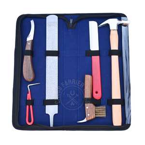 Kit complet d'outils de ferrage pour chevaux comprenant un marteau de ferrage, un couteau à sabots, un couteau à ébavurer, une râpe, une brosse de nettoyage et un crochet - Product Image 1