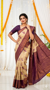 Sari de seda morado y beige con estampado de pavo real, ropa tradicional india para bodas, para mujeres - Product Image 3