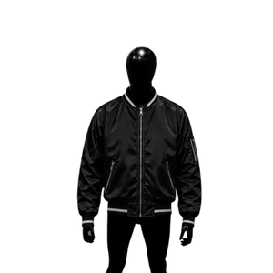 Chaqueta Varsity Negra Satinada Premium para Hombre y Mujer, Chaqueta Bomber Brillante Personalizada al por Mayor con Cuello y Puños Acanalados con Rayas Blancas - Product Image 1