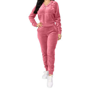 Ensemble de survêtement en velours personnalisé pour femme : sweat à capuche zippé et pantalon de jogging en velours - Product Image 1