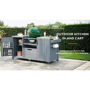 Carrello da Cucina per Esterni in Legno Massello da 169 cm per Griglie Big Green Egg con Piano in Acciaio Inox - Product Image 1