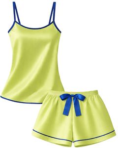 ชุดนอนผ้าซาตินสีเขียวมะนาวและสีน้ำเงินรอยัลสำหรับผู้หญิง ชุดนอนผ้าไหมสายเดี่ยวและกางเกงขาสั้น ชุดนอนนุ่มหรูหราสำหรับฤดูร้อน - Product Image 1