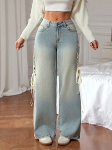 Jeans pour femmes à taille haute, sur mesure, OEM, tendance, à jambes larges, en denim, vente en gros - Product Image 4