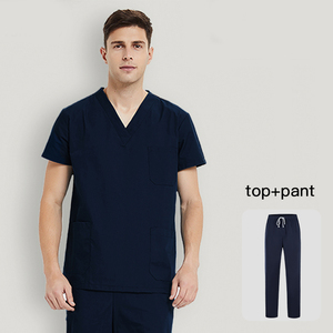 Custom Medical Scrubs Set Navy Blue V-<b>Neck</b> Short Sleeve <b>Top</b> Elastic Waist Pants Nursing Hospital Doctor Uniform <b>Mock</b> - Product Image 3