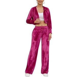 Fashionable <b>Women's</b> Set Solid Color Velvet <b>Cardigan</b> with Zipper and Drawstring Pants Two-piece Casual Sportswear Set - Product Image 2