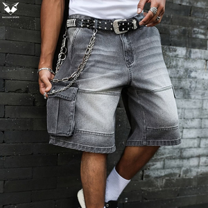 Pantalones Cortos Cargo de Mezclilla Gris Lavado Ácido para Hombre, al por Mayor, con Logotipo Personalizado, Estilo Urbano, Holgados, Hip Hop, de Pierna Ancha, Desgastados - Product Image 4