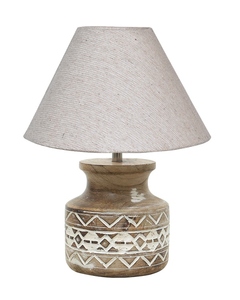 Hand-carved wooden pot <b>table</b> lamp white jute shade <b>rustic</b> tribal base decorative <b>bedside</b> light for farmhouse home decor - Product Image 4