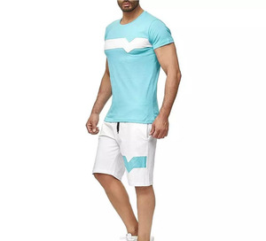 Ensemble T-shirt et short pour homme, bleu clair et blanc, respirant, 100% coton, col rond, séchage rapide, tricoté, décontracté, pour l'été - Product Image 2