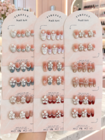 Kuku Palsu Pendek Oval Buatan Tangan Grosir, Motif Bunga 3D French Tip Mutiara, Dapat Digunakan Kembali, Pemasok OEM Grosir
