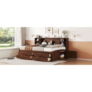 Cama de Madera Estilo Capitán, Tamaño Completo, Color Marrón Antiguo, con Estantes de Almacenamiento Integrados, 4 Cajones y 2 Armarios - Product Image 6