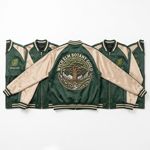 Blouson universitaire en satin à manches raglan et boutons-pression, marron caramel, blanc, avec broderie au dos Grist Millers Guild Grain Milling, style bomber, vente en gros - Product Image 3