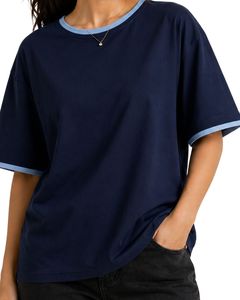 Navy Blue Women Oversized T Shirt Casual Crew Neck Short Sleeve Contrast Trim Loose Fit Soft Breathable Summer Streetwear <b>Top</b> - Product Image 1