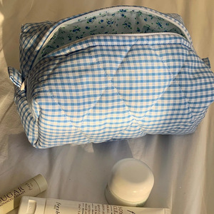 Quilted Plaid Cosmetic Bag Cotton <b>Makeup</b> Pouch Zipper Toiletry <b>Case</b> Portable Travel Organizer - Product Image 5
