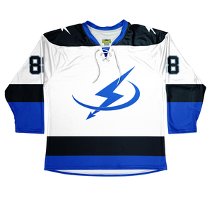 Strike Ice Hockey Jersey Men's White Blue Sublimated <b>Three</b> Quarter Sleeve Moisture Wicking Breathable Anti-Bacterial V-Neck - Product Image 1