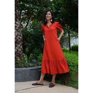 ชุดเดรสลำลองชิบุยสีแดงสนิม แบบเปิดด้านหน้า จับจีบ - Product Image 6