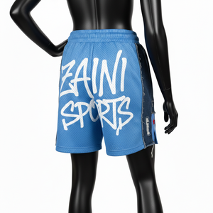 Shorts femme en maille polyester premium 160 GSM bleu ciel avec empiècements latéraux en jean et logo personnalisé brodé - Product Image 4