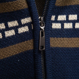 Customized Sweater Knitted Zipper <b>Cardigan</b> Sweater Geometric Pattern Full Sleeve Winter Wear <b>Navy</b> Blue Acrylic Material - Product Image 6