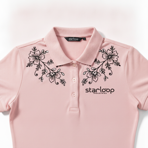 Elegante Camiseta Polo de Algodón Rosa con Bordado Floral, Transpirable y Cómoda para Uso Diario - Product Image 2