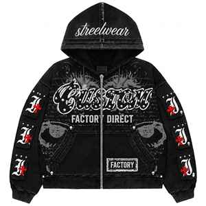 Custom Factory Direct Streetwear Hooded <b>Zipper</b> <b>Sweatshirt</b> Men's Oversized French Terry Print Design Black Rhinestone DTG print - Product Image 1
