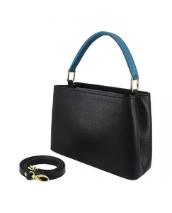 Bolso de Mano Clásico de Cuero Genuino Negro con Asa Azul, Bolso Tote de Uso Diario para Mujer, Cierre de Solapa, Textura Saffiano - Product Image 4