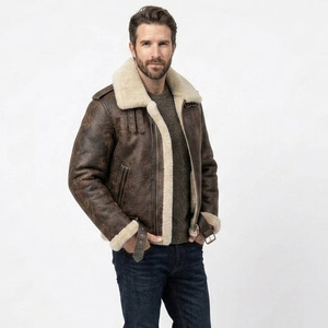 Men's Genuine Leather Aviator <b>Jacket</b> With Faux Fur Lining Windproof <b>Winter</b> Moto Biker Style Regular Fit Zipper Closure - Product Image 3