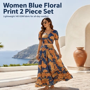 Women Rust Brown Printed <b>2</b> <b>Piece</b> <b>Set</b> V Neck Ruffle Crop <b>Top</b> <b>and</b> Tiered Maxi <b>Skirt</b> - Product Image 4