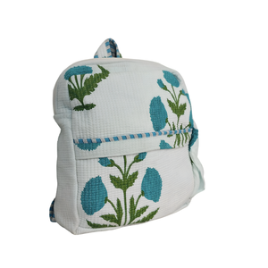 Sac à dos matelassé à fleurs bleues imprimé bloc fait main - Product Image 2