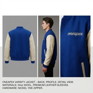 Men's Royal Blue Wool <b>Jacket</b> Cream Sleeves Custom Logo Rib Knit Collar Cuffs Zip Front Premium Streetwear Bomber Outerwear Style - Product Image 5