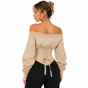 Chemise pour femme à manches longues, style corset, épaules dénudées, beige, avec broderie personnalisée et dos lacé, style streetwear boutique - Product Image 2