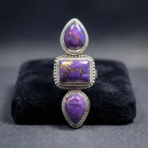925 Sterling Silver Purple Copper Turquoise Three Stone Statement Cocktail Ring Handmade Gemstone Jewelry - Product Image 4