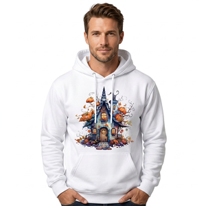 Sweat à capuche blanc pour homme, imprimé château d'Halloween, en coton, décontracté, coupe classique, logo sur le devant, poche, 350g, fabriqué au Bangladesh - Product Image 2