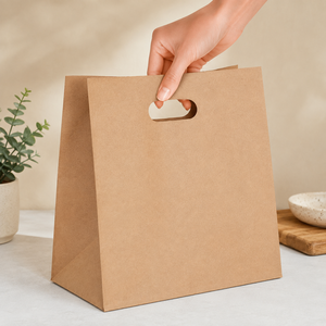 Sac en papier kraft à soufflets avec poignées découpées, porte-aliments recyclable pour le shopping - Product Image 3