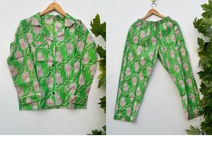 Conjunto de Pijama de Algodón Hecho a Mano para Mujer, Mangas Largas, Cuello en V, Cierre con Cordón, Estampado Floral, Ropa de Dormir Transpirable y Suave - Product Image 3