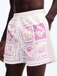 Shorts de Playa para Hombre, Blancos con Estampado Rosa, Cintura Media con Cordón, Secado Rápido, Tejido de Poliéster, Cortos, con Patrón - Product Image 1