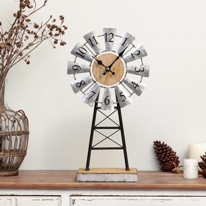 Rustic Windmill <b>Table</b> <b>Clock</b> Farmhouse Metal Wood Desk <b>Clock</b> Silent Quartz Analog Non Ticking Decorative Timepiece - Product Image 6