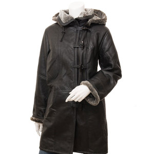 Women's Genuine Shearling <b>Leather</b> <b>Coat</b> <b>With</b> <b>Fur</b> Trim Hood Long Winter Jacket Windproof Full Sleeve Thick <b>Fur</b> Lining - Product Image 5