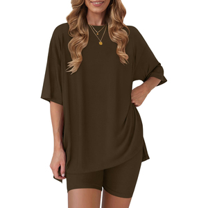 Conjunto de 2 Piezas de Punto Azul para Mujer, Top Holgado con Cuello Redondo y Pantalones Cortos, Transpirable, Informal, para Primavera y Verano - Product Image 5