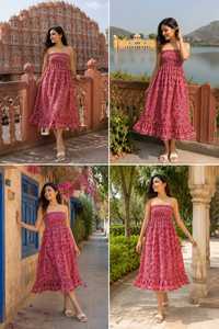 Wholesale Women's Red Floral Hand Drawn Print Strapless Sundress Smocked Tube Casual Summer Midi <b>Dress</b> 100% Cotton Anti-Wrinkle - Product Image 5