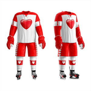 Uniforme de Hockey sobre Hielo Personalizado con Estampado de Corazón, Rojo y Blanco, Sublimado, Manga Larga, Cuello en V, Absorbe la Humedad, Ligero, Cintura Elástica, para Adultos - Product Image 1