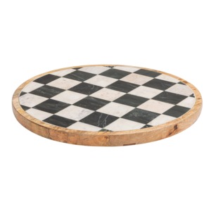 Round Checkered Wood Decorative Tray Rustic Design Handcrafted Marble Inlay Surface For Kitchen Countertop And Dining Table Use - Product Image 6