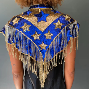 Poncho de diseñador para adultos con cuentas y cristales bordados, tela de organza antiestática, flecos hechos a mano, transpirable, para uso nocturno, con perlas en la parte delantera. - Product Image 1