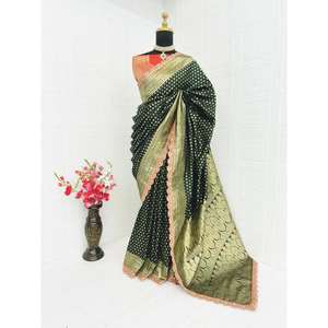TRADITIONNEL BANARASI SOIE ZARI BRODERIE DENTELLE TRAVAIL SAREE AVEC CHEMISIER NON COUDU VERT - Product Image 1