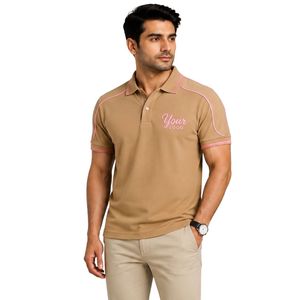 Premium Camel <b>Brown</b> <b>Mens</b> Polo <b>Shirt</b> With Pink Contrast Collar Shoulder Piping And Sleeve Trim Custom Logo Embroidery Short - Product Image 1
