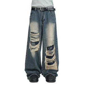 Pantalones Vaqueros Anchos Negros Rotos para Hombre, de Cintura Alta, Estilo Urbano, de Algodón, Peso Medio, Moda Otoñal - Product Image 2