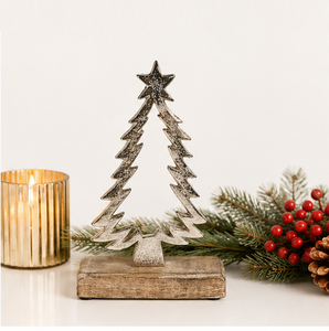 Handcrafted Silver Aluminum Christmas <b>Tree</b> Sculpture With Natural Wood Base Minimalist Metal <b>Tabletop</b> Holiday Decor For Home - Product Image 4