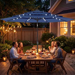 Sombrilla de patio azul marino de 9.7 pies con energía solar, manivela de inclinación de 3 niveles y luces LED - Product Image 2