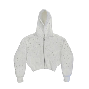 Custom <b>Rhinestone</b> Cropped Zip Hoodie White Minimal Bling Men's Winter Oversized Streetwear <b>Jacket</b> OEM Logo Available - Product Image 1