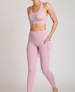 Conjunto de Yoga para Mujer 2026, Color Rosa Sólido, Sujetador Deportivo con Espalda Cruzada, Leggings de Cintura Alta, Sin Costuras, Transpirables, de Spandex con Puntos, 2 Piezas - Product Image 5